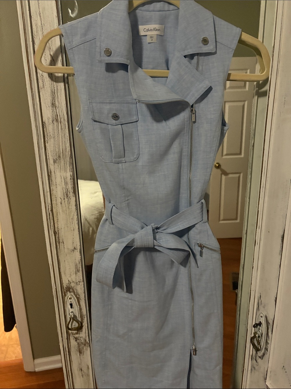 Calvin Klein Light Blue Sleeveless Midi Dress with Tie Belt - Picture 2 of 4